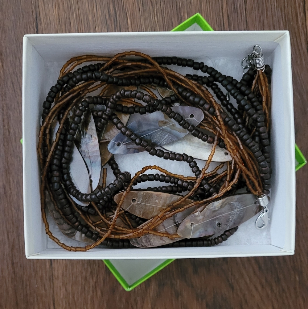 Multi Strand Chunky Necklace with Shell and Stacked Wooden Beads. - Picture 2 of 6